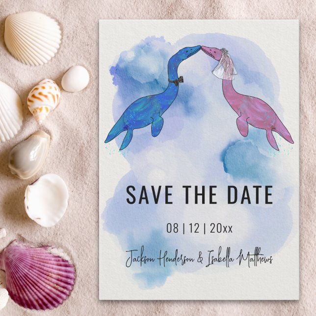 Reserve A Data Casamento Temático de Dinossauros Salve a Data (Watercolor sea dinosaur theme wedding save the date card ocean Beach wedding )