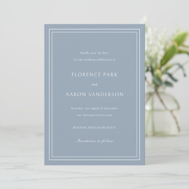 Reserve A Data Casamento Tradicional em Azul Poeirento Atemporal (Em pé/Frente)