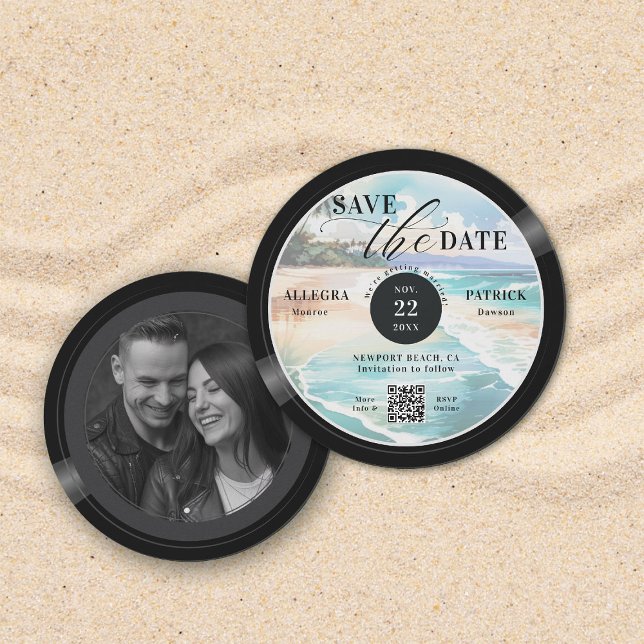 Reserve A Data Casamento Tropical Beach Salve a Data Música Amor  (tropical beach wedding save the date photo musician music lover vintage vinyl record QR code)