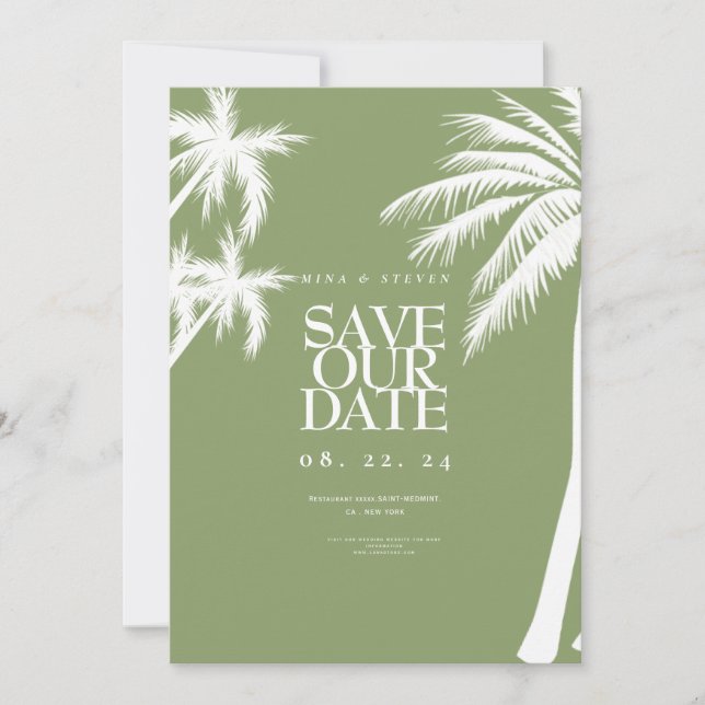 Reserve A Data casamento tropical com palmeira verde (Frente)