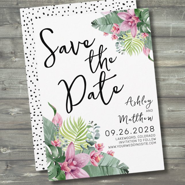 Reserve A Data Casamento Tropical de Destino de Praia (Pink Green Palm Watercolor Tropical Floral Wedding Save The Date)