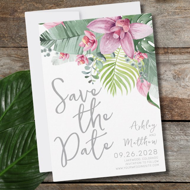 Reserve A Data Casamento Tropical Floral Elegante (Fun Modern Floral Palm Leaves Tropical Wedding Save The Date)