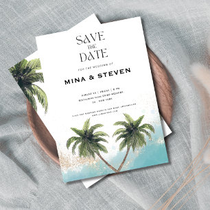 Reserve A Data Casamento tropical na praia com aquarela azul e do