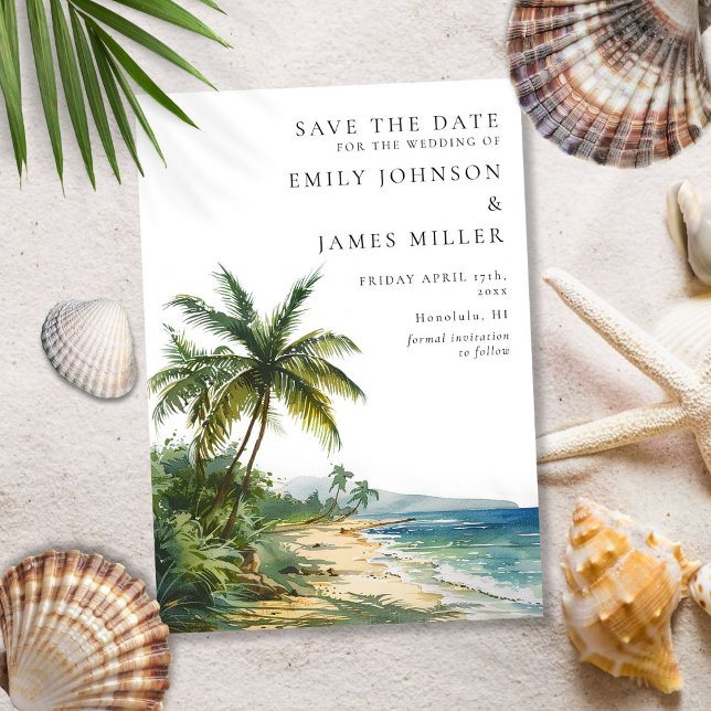 Reserve A Data Casamento Tropical Palm Beach Modern Watercolor (Modern Watercolor Tropical Palm Beach Wedding Save The Date)