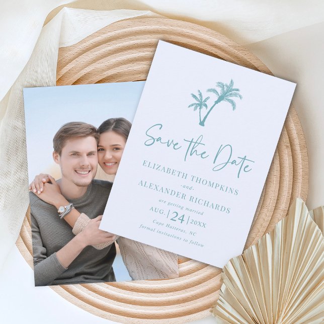 Reserve A Data Casamento Tropical Palm Tree Aqua Blue Beach (Criador carregado)