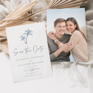 Reserve A Data Casamento Tropical Palm Tree Dusty Blue Beach
