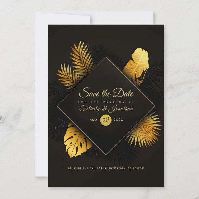 Reserve A Data Casamento Tropical Preto e Dourado (Frente)