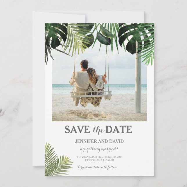 Reserve A Data Casamento tropical Salve a data Foto Fern Monstera (Frente)