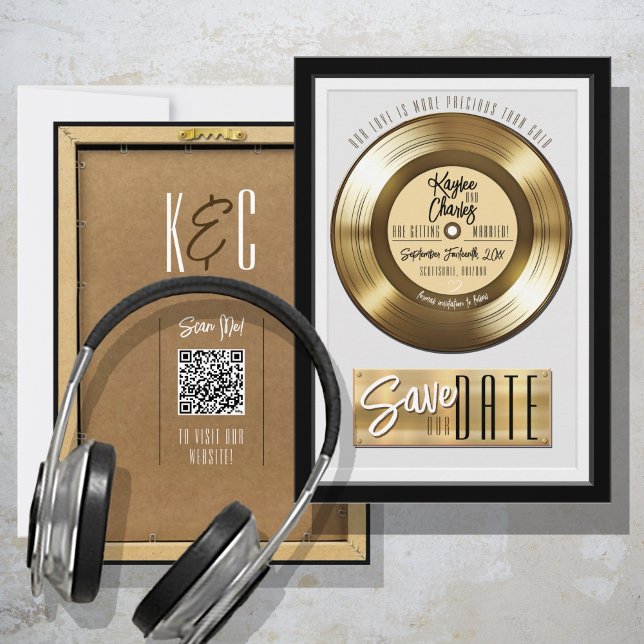 Reserve A Data Casamento Único de Registro de Vinilo Dourado Retr (Unique Retro Solid Gold Vinyl Record Wall Plaque Cute music theme monogram wedding save the date QR)