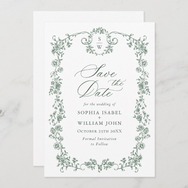 Reserve A Data Casamento Verde da Ornamentado Vitoriana Grace Flo (Frente/Verso)