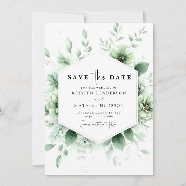 Reserve A Data Casamento Verde de Flores Terrenas Personalizadas (Frente)