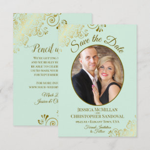 Reserve A Data Casamento verde de Neo Mint e Lace Dourado Elegant