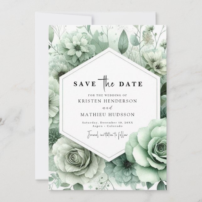 Reserve A Data Casamento Verde de Sábio Floral Único Romântico (Frente)