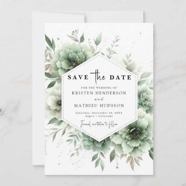 Reserve A Data Casamento Verde de Sage Única Chic Botânico (Frente)