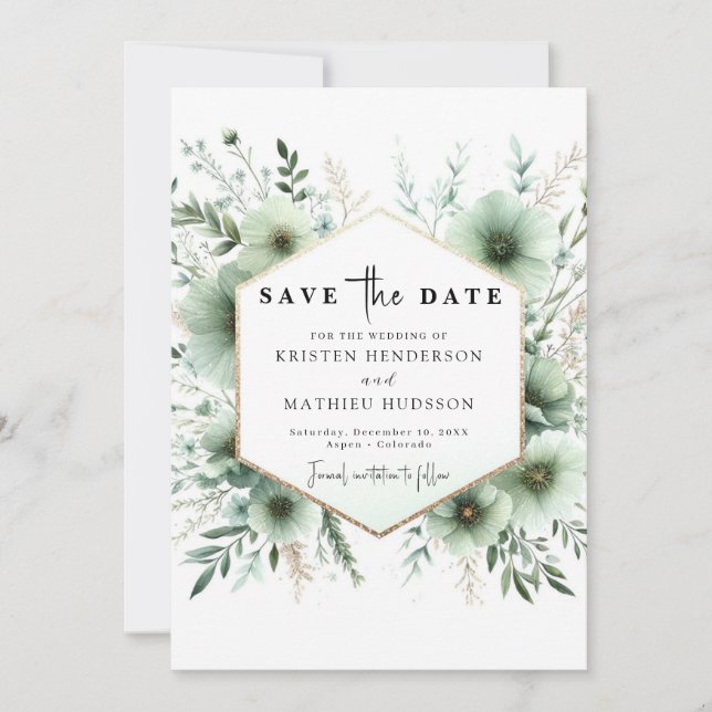 Reserve A Data Casamento Verde do Sábado Romântico Moderno Elegan (Frente)