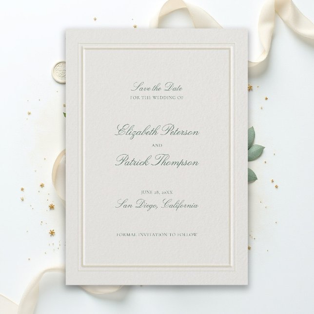 Reserve A Data Casamento Verde Ecru Clássico Moderno e Elegante (modern classic wedding save the date forest green type double frame ecru formal traditional stately)