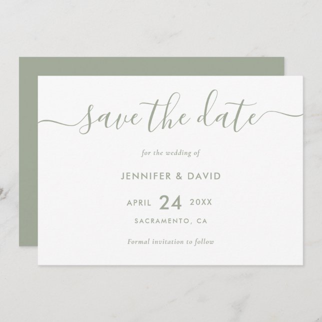 Reserve A Data Casamento Verde Elegante do Script Moderno Sage (Frente/Verso)