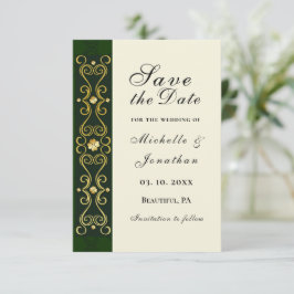 Reserve A Data Casamento Verde Escuro Dourado Elegante Irlandês