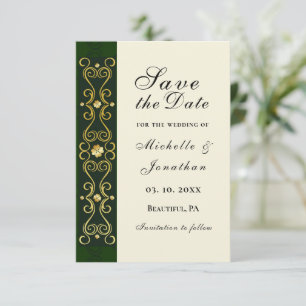 Reserve A Data Casamento Verde Escuro Dourado Elegante Irlandês