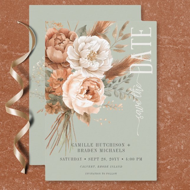 Reserve A Data Casamento Verde Floral em Terracota Pêssego e Crem (Boho Terracotta Peach & Cream Floral Green Wedding Save The Date)