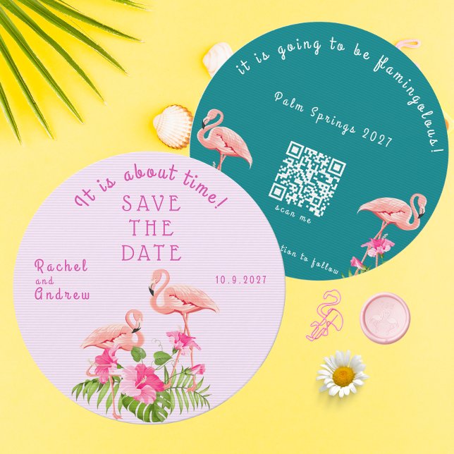 Reserve A Data Casamento Verde Rosa-Rosa-Rosa-Flamingo-Tropical (Tropical Floral Flamingo Bold Pink Green Wedding Save The Date)