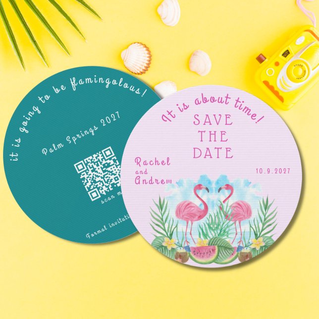 Reserve A Data Casamento Verde Rosa-Rosa-Rosa-Flamingo-Tropical (Tropical Floral Flamingo Bold Pink Green Wedding Save The Date)
