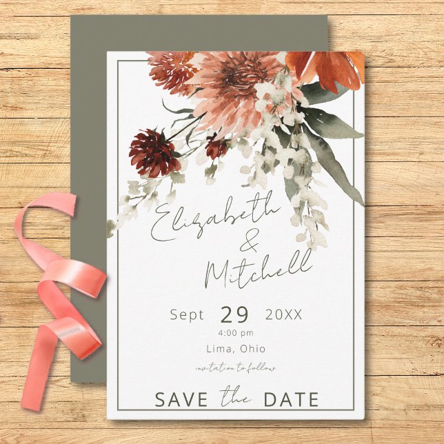 Reserve A Data Casamento Verde Rustic Terracotta Rust Flores (Rustic Terracotta Rust Flowers Green Wedding Save The Date)