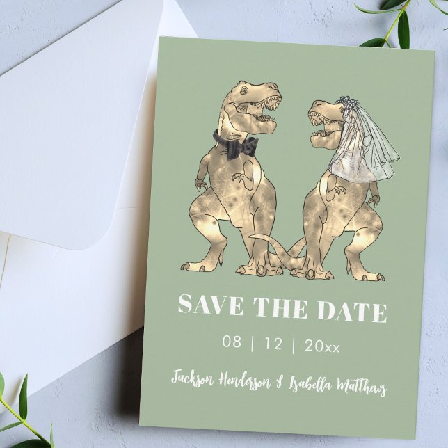 Reserve A Data Casamento Verde Sage com Tema de Dinossauro (Funny modern dinosaur wedding save the date sage green invitation)
