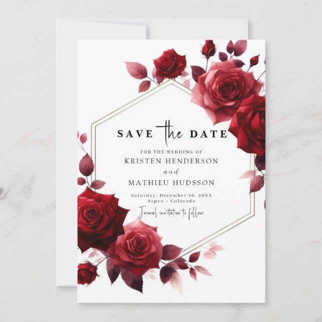 Reserve A Data Casamento Vermelho de Crimson, Flores Whimsical (Frente)