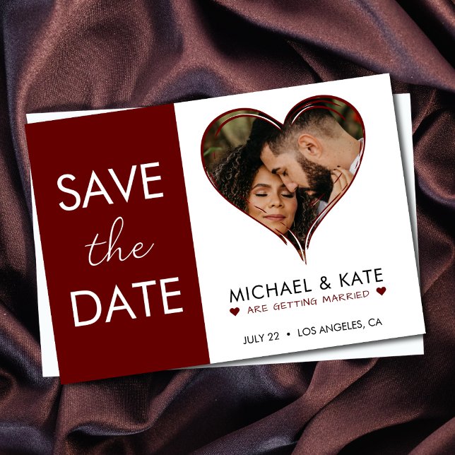 Reserve A Data Casamento Vermelho e Branco com Foto do Coração (Heart Photo Red & White Wedding Save The Date)