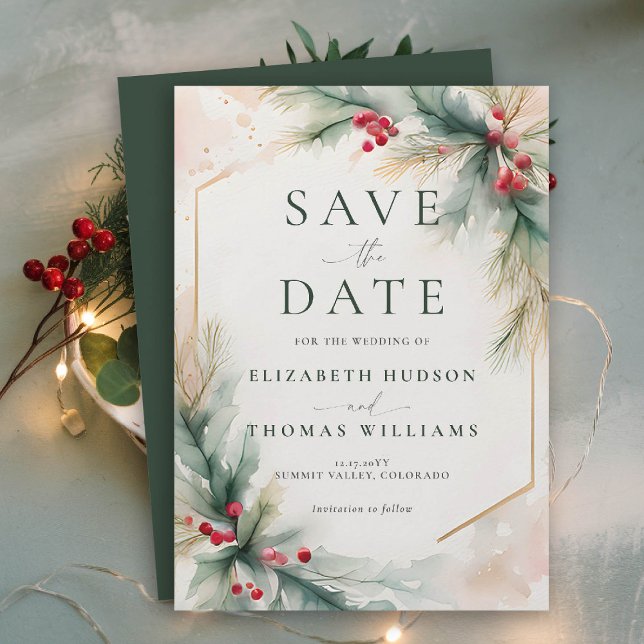 Reserve A Data Casamento Vermelho Elegante Vermelho de inverno Ve (winter christmas wedding save the date romantic modern watercolor greenery berries holly spruce)