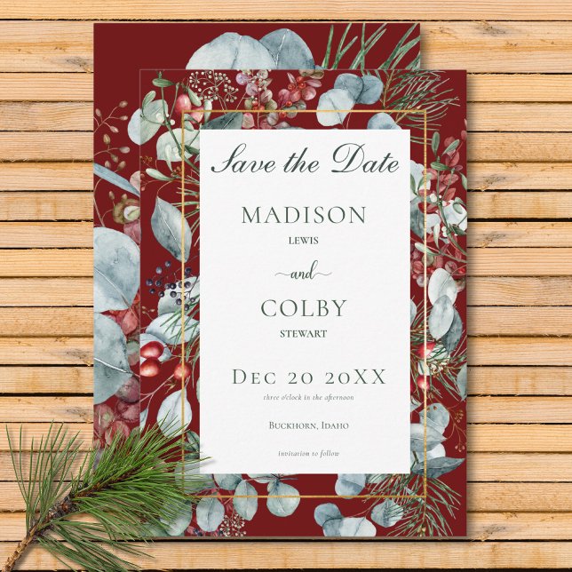Reserve A Data Casamento Vermelho Verde de Natal de inverno (Winter Christmas Greenery Red Wedding Save The Date)