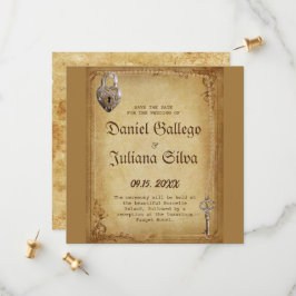 Reserve A Data Casamento Vintage com Chave de Esqueleto Gótico