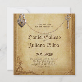 Reserve A Data Casamento Vintage com chave esqueleto gótica