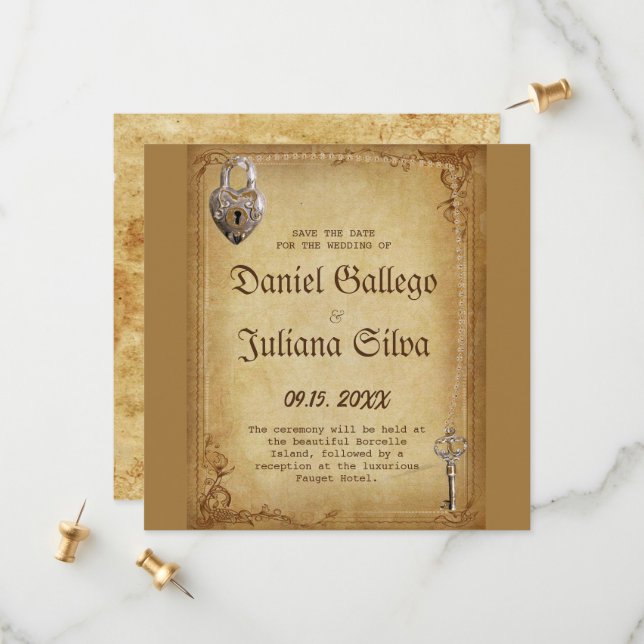 Reserve A Data Casamento Vintage Gothic com chave de esqueleto (Frente/Verso In Situ)