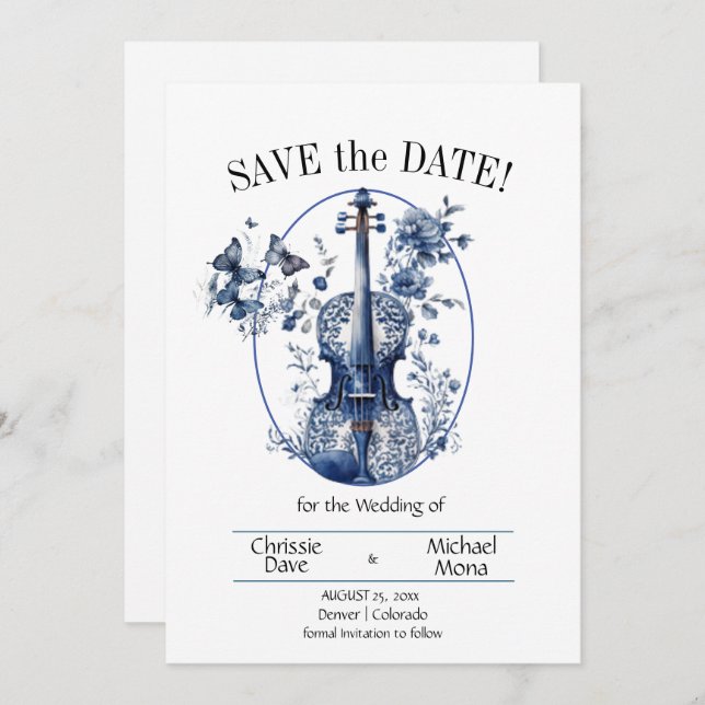 Reserve A Data Casamento Violino Branco e Azul (Frente/Verso)