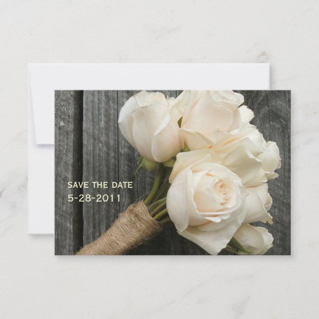 Reserve A Data Casamento White Roses & Barnwood Salvar a Data (Frente)