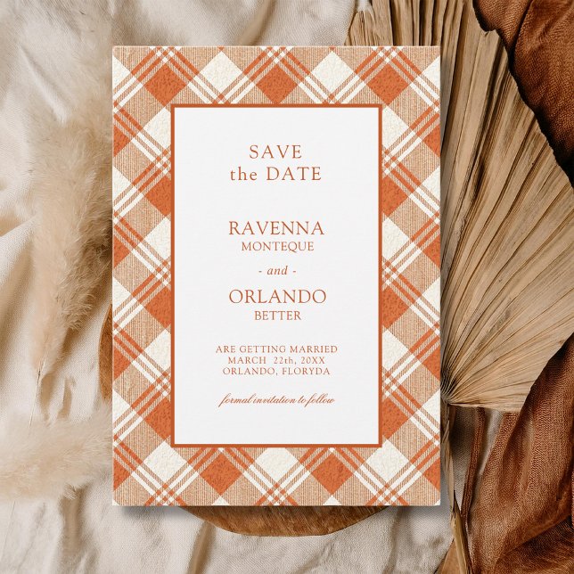 Reserve A Data Casamento Xadrez Gingham Laranja Rústico Abafado (Criador carregado)