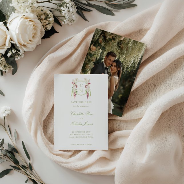 Reserve A Data Cascading Floral Monogram Crest Wedding (Criador carregado)