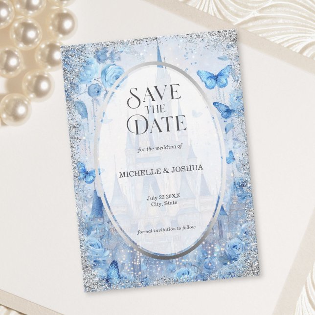 Reserve A Data Castelo de Conto de Fadas Encantado Borboletas Flo (Enchanted Fairytale Castle Floral Butterflies Save The Date)