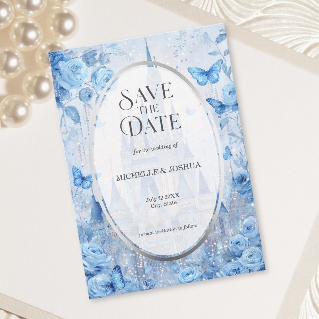 Reserve A Data Castelo de Conto de Fadas Encantado Borboletas Flo (Enchanted Fairytale Castle Floral Butterflies Save The Date)