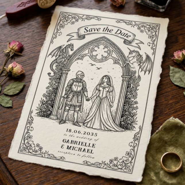 Reserve A Data Cavaleiro Gótico Medieval Noiva Noivo Salva a Data (Criador carregado)