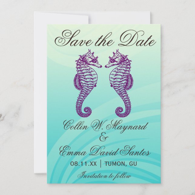 Reserve A Data Cavalo-marinho roxo e azul Salvar a data (Frente)