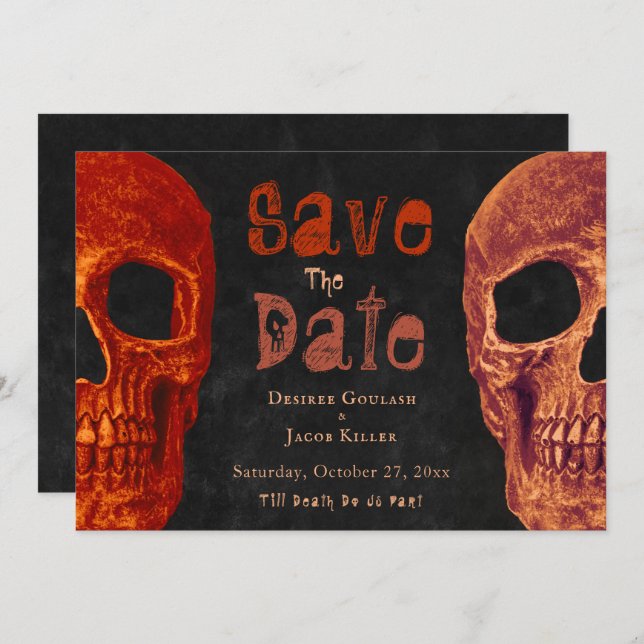 Reserve A Data Caveira Gótica Laranja Negro Halloween Salvar Data (Frente/Verso)