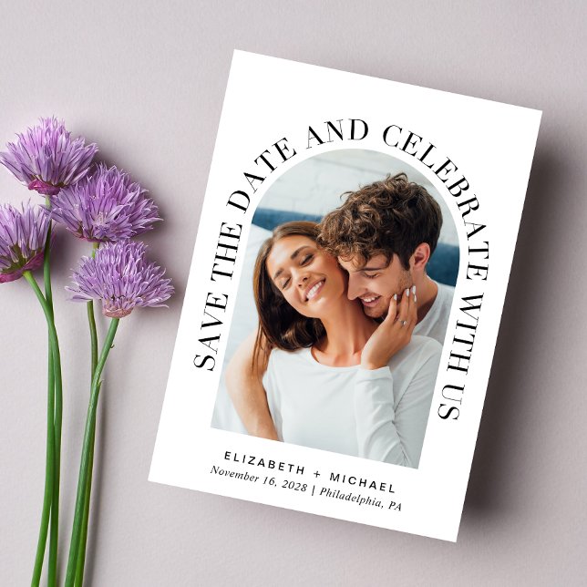 Reserve A Data Celebração de Foto por Arco Moderno (Celebrate your love story with a save the date showcasing your photo in an elegant arch frame)