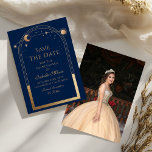 Reserve A Data Celestial Blue Salve A Data Aniversário Quinceaner<br><div class="desc">Azul Celestial Salva a Data Aniversário Quinceanera Invitation apresenta um sol dourado, lua e estrelas num fundo azul. Dentro é a sua Quinceanera personalizada para guardar as informações da data e, no verso, adicionar a sua foto favorita. Personalize editando o texto nas caixas de texto. Projetado por ©2024 Evco Studio...</div>