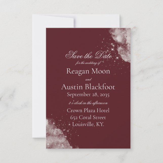 Reserve A Data Celestial Burgundy Starlight Save the Date (Frente)