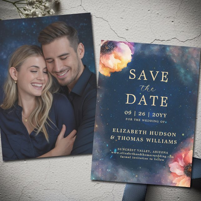Reserve A Data Celestial Floral Galaxy Starry Night Blue Wedding  (celestial floral galaxy wedding save the date watercolor navy blue starry night written in the stars)