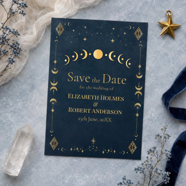 Reserve A Data Celestial Gótico Azul Meia-Noite Dourado Salve a D (Celestial Gothic Midnight Blue Gold Save the Date)