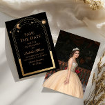 Reserve A Data Celestial Preto Salve A Data Aniversário Quinceane<br><div class="desc">Célestial Black Save The Date Birthday Quinceanera Invitation apresenta um sol dourado, lua e estrelas num fundo preto. Dentro é a sua Quinceanera personalizada para guardar as informações da data e, no verso, adicionar a sua foto favorita. Personalize editando o texto nas caixas de texto. Projetado por ©2024 Evco Studio...</div>